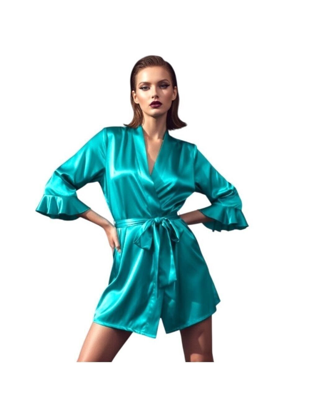 La Senza ruffle sleeve teal turquoise green belted satin short kimono robe
